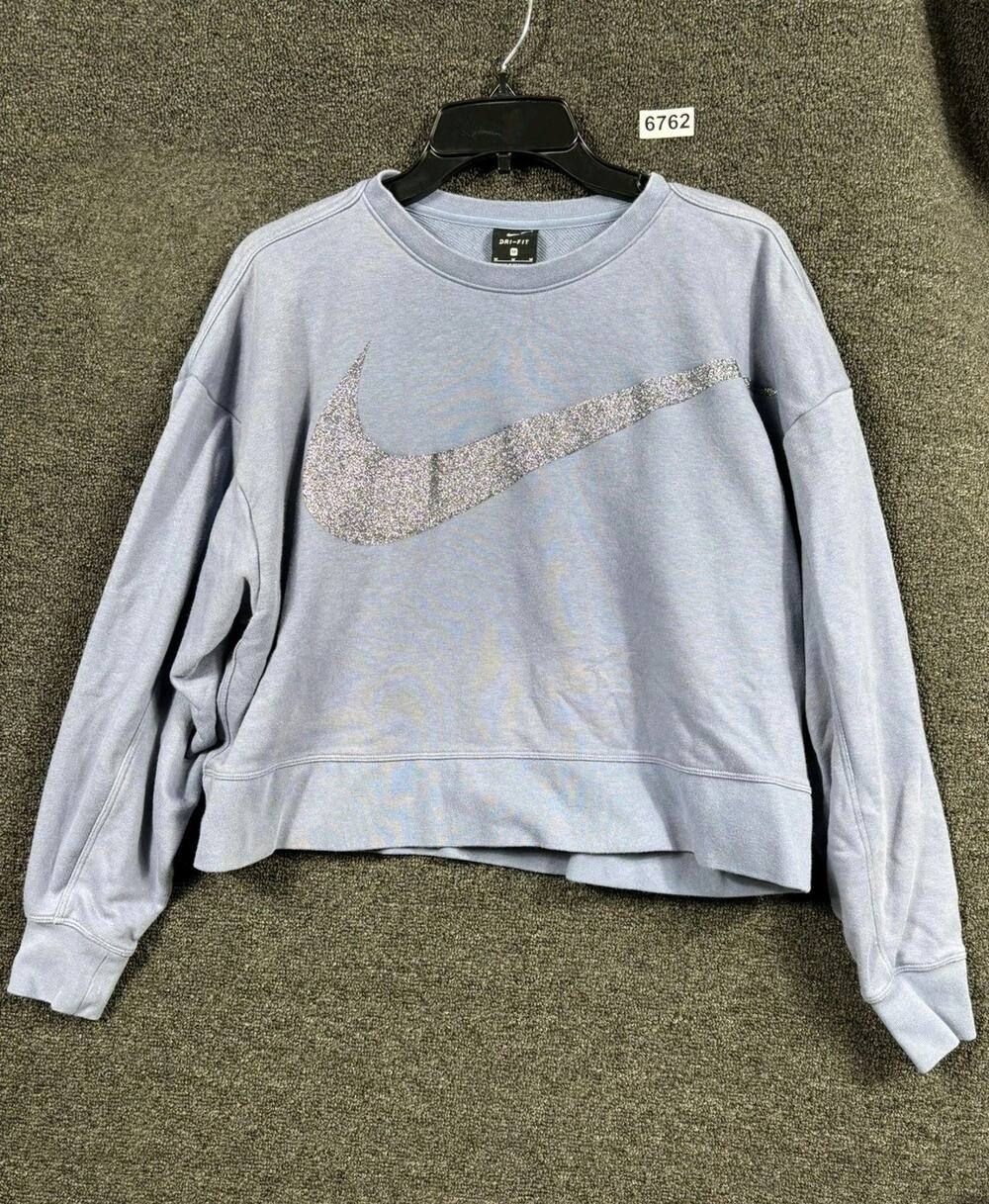 Nike Light Blue Cropped Sweatshirt with Glitter Swoosh